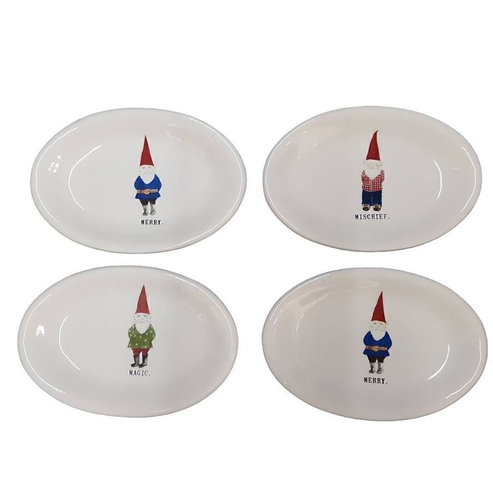 Rae Dunn Set of 4 White Oval Gnome Plates Merry Mischief Magic